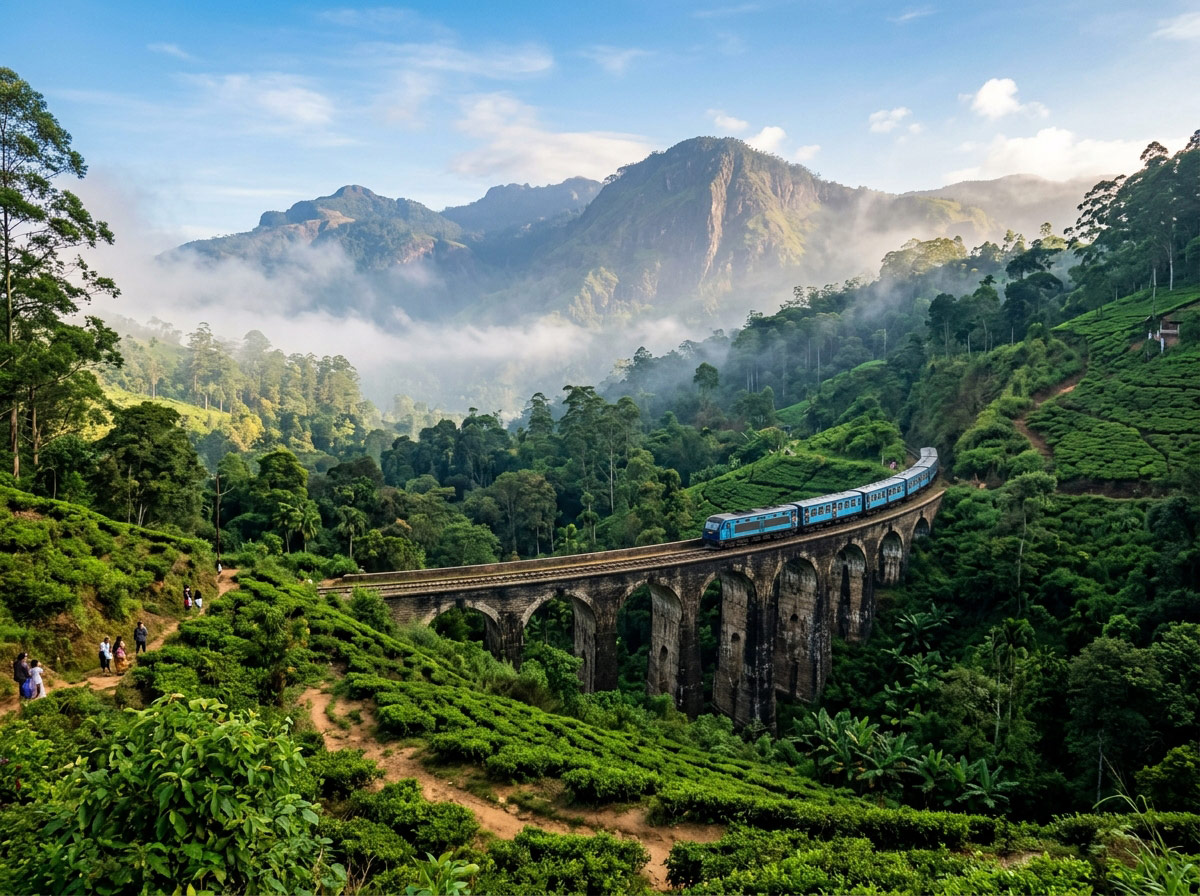 Demodara Nine Arch Bridge in Ella surrounded by tea plantations